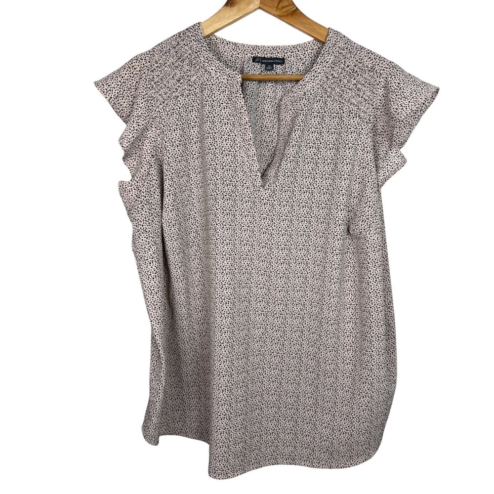 Adrianna Papell Blouse Womens 1X Mauve Black Flutter Sleeve Split Neck Dot Print